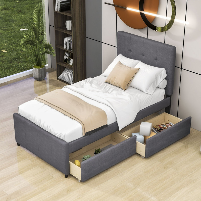 Latitude Run® Twin Size Linen Upholstered Platform Bed With Headboard